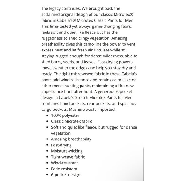 Cabela’s Camo Pants Microtex Size 30 W 32" L Soft Flannel Zipper Pockets NWOT - Picture 6 of 12